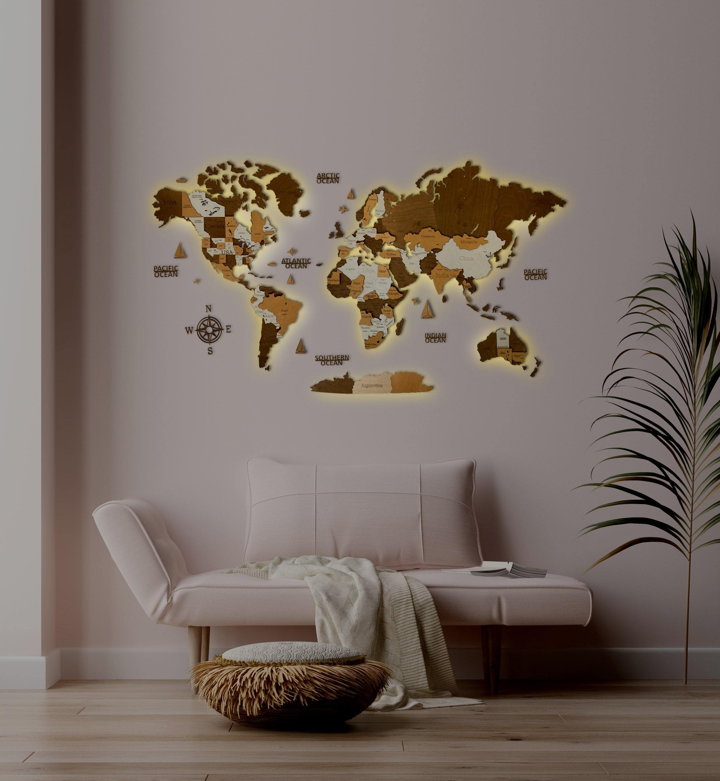 3D LED WOODEN WORLD MAP IN BROWN COLORS – WoodLeo