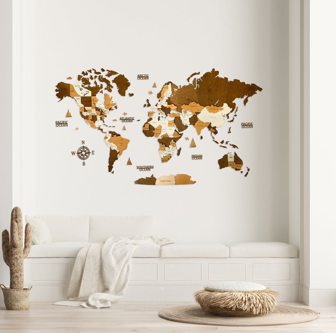 3D LED WOODEN WORLD MAP IN BROWN COLORS - WoodLeo