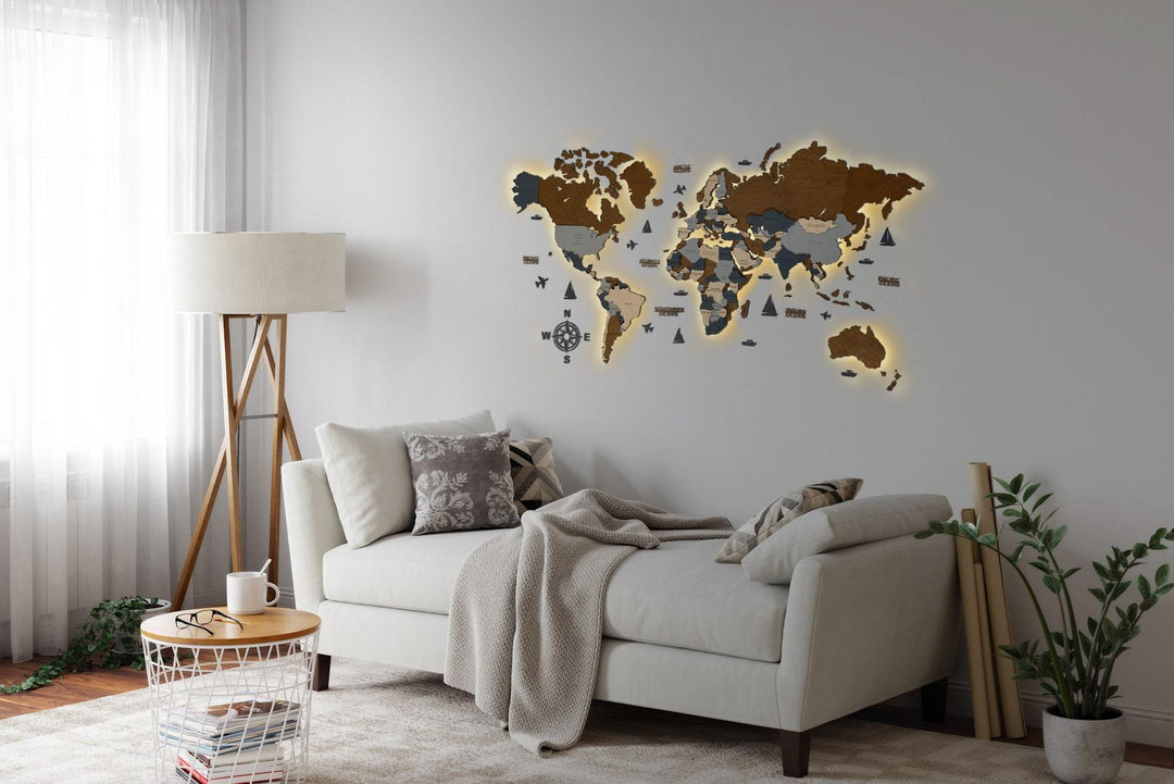 3D LED WOODEN WORLD MAP "SKY" - WoodLeo